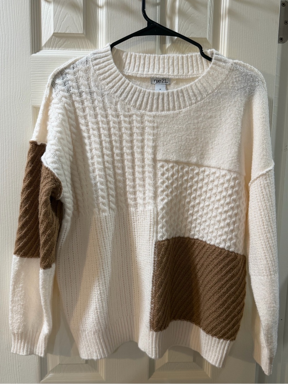 Rue21 Cream and Brown Patchwork Cable Knit Sweater